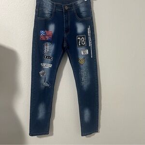 Women’s QS Size 28” Jeans Blue Graphic Skinny Jeans with Distressed Details